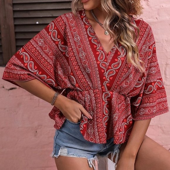 Boho Womens Paisley Print Batwing Sleeve Peplum Blouse - Picture 4 of 5